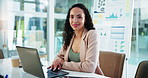 Office, businesswoman and face with laptop for finance report, research and corporate investment. Portrait, female person and financial advisor with tech for information, risk management and typing