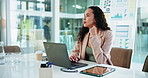 Office, businesswoman and thinking with laptop for information, finance and corporate investment. Ideas, female person and financial advisor with tech for research report, risk management and typing
