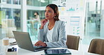 Office, businesswoman and thinking with laptop for finance report, research and corporate investment. Ideas, female person and financial advisor with tech for information, risk management and typing