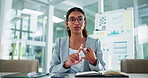 Face, business and woman consulting for video call for online training, finance chat and explain proposal. Portrait, person and discussion for webinar meeting, financial list and investment process
