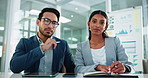 Meeting, interview and business people in office for recruitment, hiring or writing notes with candidate. Discussion, document and HR employees with Resume review for onboarding process in workplace.