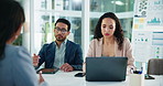 Collaboration, colleagues and people with laptop, research and brainstorming for project in boardroom. Marketing, team and group with notes for ad campaign, graph and planning with ideas in business