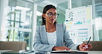 Business woman, face and consultation with video call for online training workshop at office. Portrait, female person or analyst taking notes in POV for virtual discussion or webinar at workplace