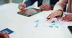 Hands, graphs and business people with teamwork, planning and brainstorming for profit growth. Closeup, accounting and employees in office, paperwork or cooperation with stats for feedback or charts