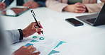 Hands, charts and business people with teamwork, planning and brainstorming for profit growth. Closeup, accounting and employees in office, documents or cooperation with stats for feedback or review 