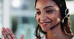 Consultant, Indian woman or smile for customer service chat, sales consulting or loan advice. Call center, financial advisor or finance help on computer with headset for feedback or banking limit