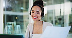 Businesswoman, headset and paper at laptop for video call, online consultation or finance advice. Consultant, tech and discussion in office for insurance policy, webinar or reading script on document