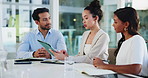Talking, colleagues and people with tablet, boardroom and brainstorming for project, online or ideas. Business, man and women with tech for target audience, discussion or marketing team with research