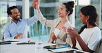 High five, group and colleagues with smile, applause and celebration for achievement, tech and project. People, clapping and happy for success in meeting, teamwork and tablet with good news in office