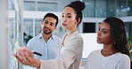 Business people, meeting and strategy with sticky notes for brainstorming, writing or training in office. Employees, discussion and planning with mentor for feedback, problem solving or report
