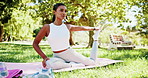 Nature, calm and woman stretching leg in park with yoga exercise for health, peace and mindfulness in morning. Relax, warm up and female person with body movement for pilates workout outdoor in field