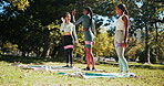 Woman, group and high five at park with fitness, resistance band and excited for goals in summer. Girl, friends and team with workout for celebration, stretching and lunge with strong legs in nature