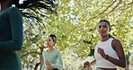 Running, marathon or women in park for charity race event, health challenge or fitness. People, fundraising competition or below of runners in nature for outdoor workout, exercise or sports activity