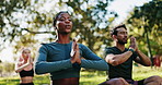 Outdoor, yoga and people with fitness, lotus and wellness with break, exercise and relax. Group, yogi and friends in park, nature or zen with chakra, meditation and stretching with breathing or calm