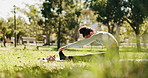 Nature, stretching and woman outdoor with yoga exercise for calm, peace and mindfulness in morning. Relax, leg warm up and female person with zen body movement for pilates workout for balance in park