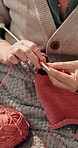 Hands, home and knitting with elderly woman, hobby and relax with retirement, activity and fabric. Closeup, pattern and old person with creativity, wool material or technique with handmade clothes