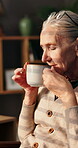 Smell, coffee or senior woman thinking in home for peace, warm beverage or retirement in lounge. Nostalgia, relax or happy elderly person in house with herbal tea aroma or memory or hot chocolate