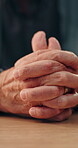 Hands, old person with concern or anxiety closeup, depression or grief with prayer for guidance. Mental health, loss or distress with worry, nervous or life crisis with past mistake, regret or faith