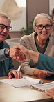 Handshake, senior couple and lawyer in office, thank you and conversation with investment. Shaking hands, old man and elderly woman with attorney, contract or meeting for pension fund or hand gesture