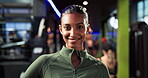 Face, woman and smile in gym for fitness, personal trainer or instructor for exercise and health. Pride, happiness and professional coach for sports, athletes or wellness training with confidence