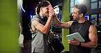 Gym, men and personal trainer with tablet, high five and signing contract for training service and talking. Health club, people and review of consent form with instructor, fitness and celebration