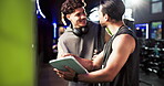 Gym, men and personal trainer with tablet, smile and signing contract for training service and talking. Health club, people and review of consent form with instructor, fitness and happy for schedule