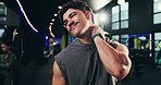 Man, athlete and neck pain with injury in gym, muscle tension or cramps with massage for relief. Hurt, inflammation or exercise discomfort with fibromyalgia or stretching strain at fitness center