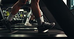 Sneakers, legs and person on treadmill in gym, exercise and wellness with endurance training with equipment for walk or run. Cardio, machine and workout with energy, footwear and steps for health