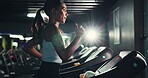 Woman, energy and run on treadmill in gym for fitness, endurance and intense workout with sweating. Race training, serious practice or female runner breathing on machine, exercise and cardio at club