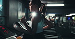 Fitness, running and woman on treadmill in gym for cardio training, health or wellness. Earphones, exercise and speed with Indian athlete in sports club for challenge, performance or workout