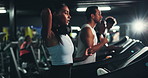 Break, fitness and music with woman on treadmill in gym for cardio training, health or wellness. Breathing, exercise and headphones with runner in sports club for challenge, performance or workout