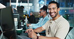 Computer, face and laughing with programmer man at desk in office as graphic designer for software development. Business, coding and web design with funny developer at work for virtual update