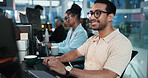 Computer, smile and typing with programmer at desk in office as graphic designer for software development. Coding, happy and web design with developer or engineer man at work for virtual update