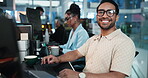 Computer, face and smile of developer man at desk in office as graphic designer for software development. Business, coding and web design with happy engineer or programmer at work for virtual update