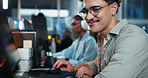 Computer, smile and typing with programmer man in office as graphic designer for software development. Coding, reading and web design with happy developer or engineer at work for virtual update