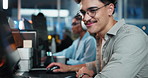 Computer, reading and smile of programmer man in office as graphic designer for software development. Coding, glasses and web design with happy developer or engineer at work for virtual update