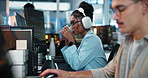 Coffee, computer and music with programmer woman in office as graphic designer for software development. Coding, headphones and web design with developer or engineer at work for virtual update