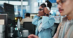 Computer, headphones and smile of programmer woman at desk in office as graphic designer for software development. Business, music and web design with developer or engineer at work for virtual update
