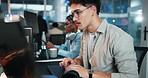 Computer, glasses and typing with programmer man at desk in office as graphic designer for software development. Coding, keyboard and web design with developer or engineer at work for virtual update