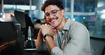 Business, face and smile of programmer man at desk in office as graphic designer for software development. Computer, coding and web design with happy developer or engineer at work for virtual update