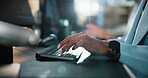 Hands, business and woman with keyboard, typing and internet with budget report. Closeup, person and accounting with financial advisor, connection and investment with stock market, email and feedback