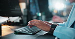 Hands, business and woman with keyboard, internet and feedback with budget report. Closeup, person and accounting with financial advisor, connection or investment with stock market, email or schedule