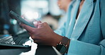 Hands, business and woman in office, smartphone and email for trading report, texting and social media. Closeup, person and employee in workplace, accounting and cellphone with connection for message