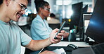 Phone, smile and programmer with person in office for ui developer, code update and design software. Research, ux prototype and creative project with employee in agency for communication app