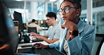 Computer, thinking and typing with programmer woman in office as graphic designer for software development. Coding, reading and web design with developer or engineer at work for virtual update