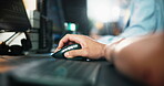 Computer, hand and programmer with person in office for gaming developer, code update or design software. Research, backend script and creative project with closeup of employee in agency for planning
