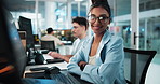 Arms crossed, face and smile of programmer woman at desk in office as graphic designer for software development. Coding, computer and web design with happy developer or engineer at work for update