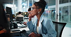 Computer, reading and thinking with programmer woman at desk in office as graphic designer for software development. Coding, ideas and programming with developer or engineer at work for engineering