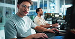 Computer, reading and typing with man programming at desk in office as graphic designer for software development. Coding, engineering and web design with developer or programmer at work for update