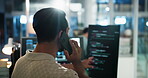 Phone call, back and programmer with person and computer for software developer, code update and design feedback. Research, backend script and app project with employee in agency for web review